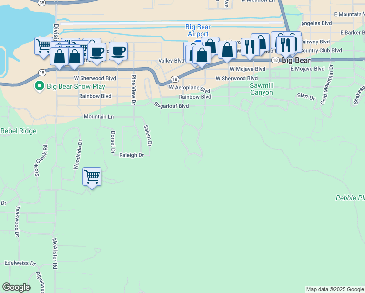 map of restaurants, bars, coffee shops, grocery stores, and more near 441 Woodcreek Drive in Big Bear