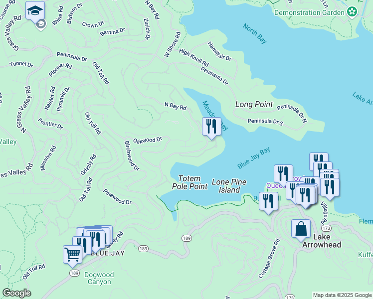 map of restaurants, bars, coffee shops, grocery stores, and more near 27608 Cedarwood Drive in Lake Arrowhead