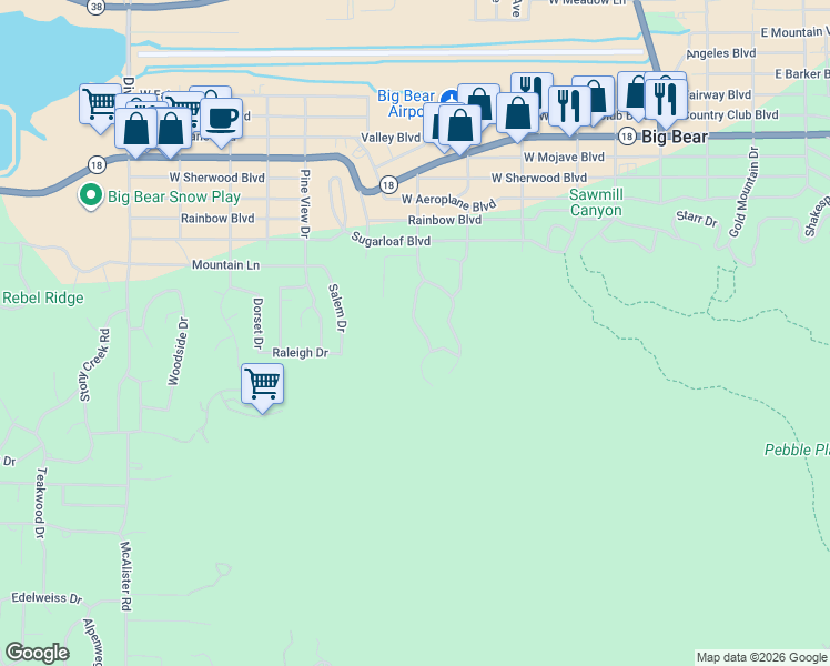 map of restaurants, bars, coffee shops, grocery stores, and more near 441 Woodcreek Drive in Big Bear