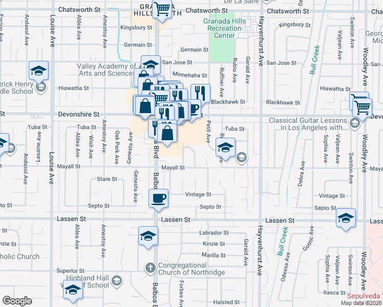 map of restaurants, bars, coffee shops, grocery stores, and more near 10133 Whitaker Avenue in Los Angeles