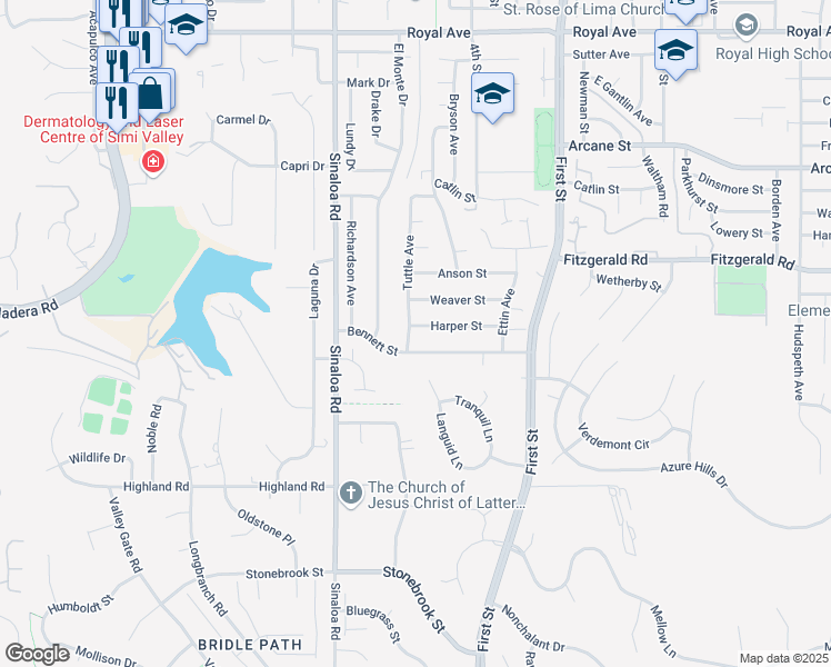 map of restaurants, bars, coffee shops, grocery stores, and more near 652 Harper Street in Simi Valley