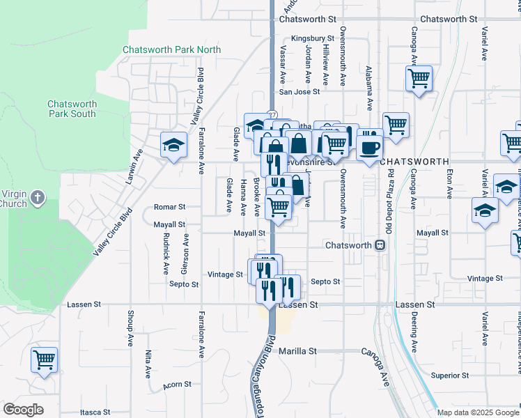 map of restaurants, bars, coffee shops, grocery stores, and more near 22018 West Craggy View Street in Los Angeles
