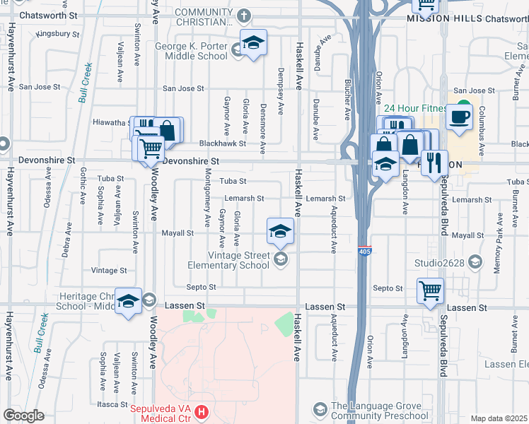 map of restaurants, bars, coffee shops, grocery stores, and more near 15853 Romar Street in North Hills
