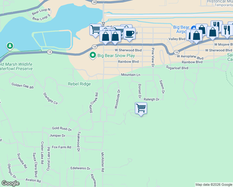 map of restaurants, bars, coffee shops, grocery stores, and more near 467 Woodside Drive in Big Bear