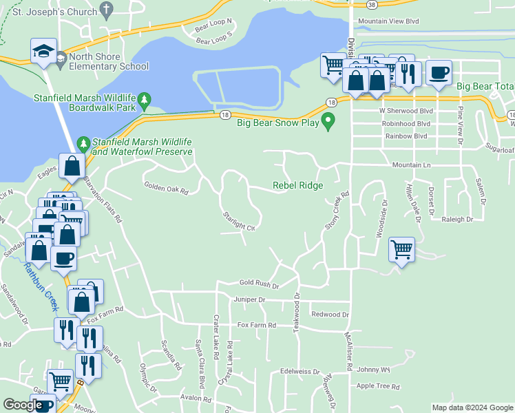 map of restaurants, bars, coffee shops, grocery stores, and more near 324 Starlight Circle in Big Bear Lake