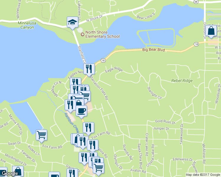 map of restaurants, bars, coffee shops, grocery stores, and more near 42285 Castle Crag Road in Big Bear Lake