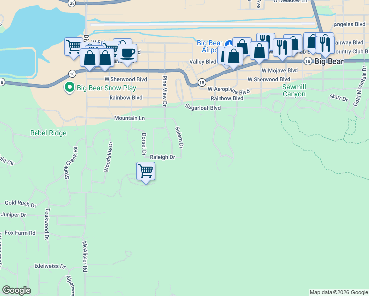 map of restaurants, bars, coffee shops, grocery stores, and more near 436 Salem Drive in Big Bear