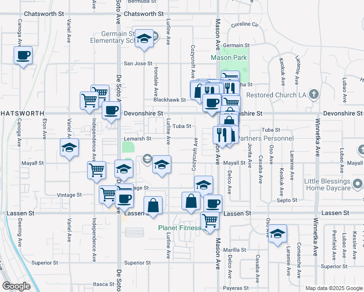 map of restaurants, bars, coffee shops, grocery stores, and more near 20613 Lemarsh Street in Los Angeles
