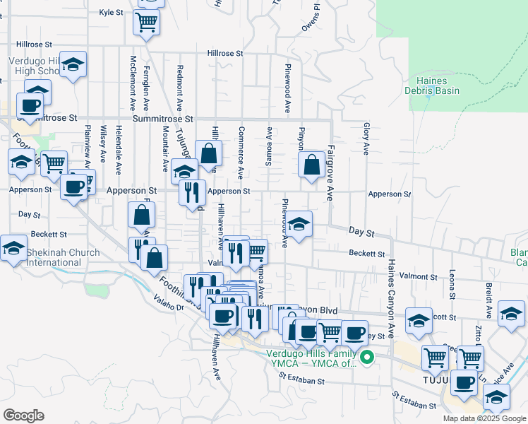 map of restaurants, bars, coffee shops, grocery stores, and more near 7128 Apperson Street in Los Angeles