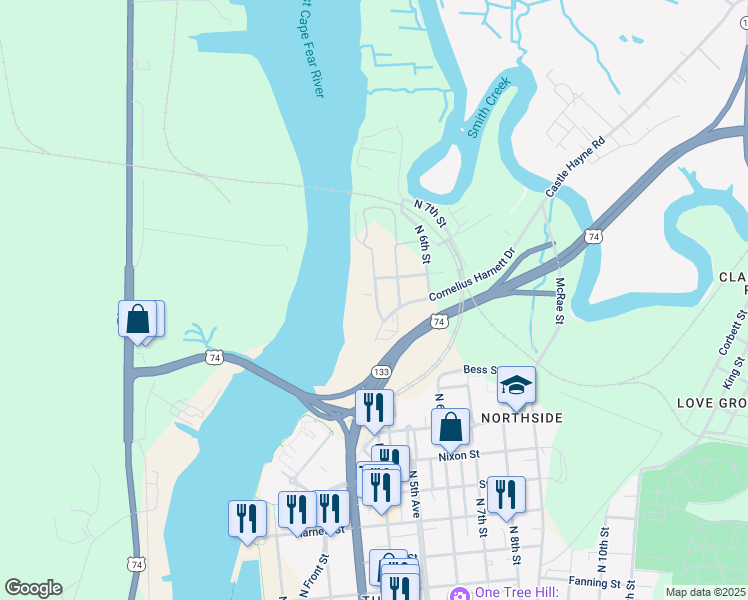 map of restaurants, bars, coffee shops, grocery stores, and more near 1701 Jel Wade Drive in Wilmington