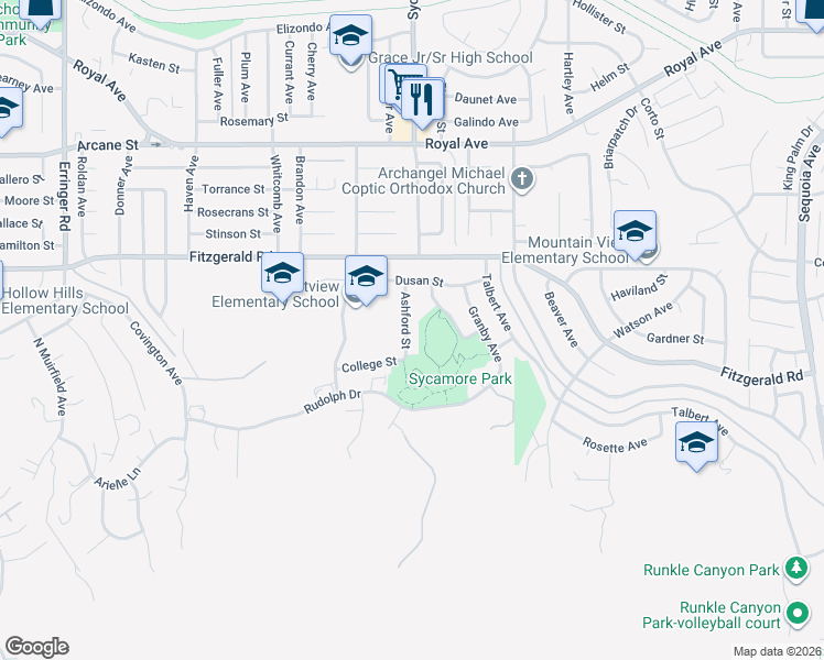 map of restaurants, bars, coffee shops, grocery stores, and more near 856 Ashford Street in Simi Valley