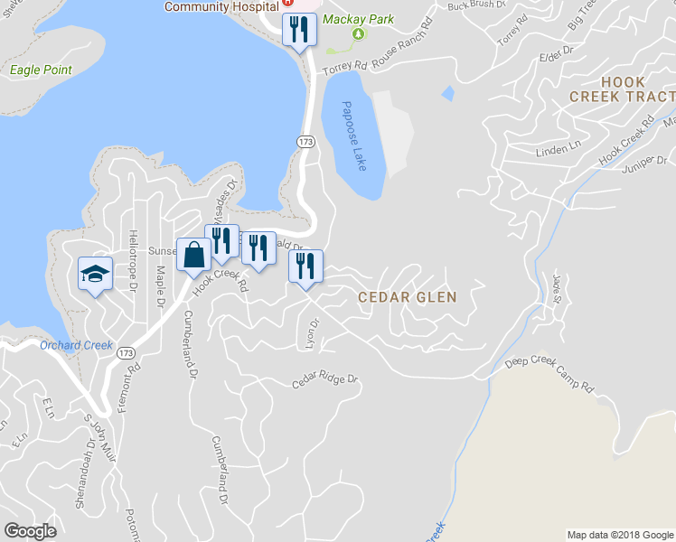 map of restaurants, bars, coffee shops, grocery stores, and more near Arrowhead Drive in Lake Arrowhead