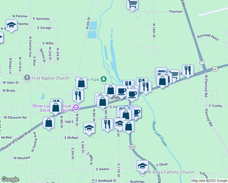 map of restaurants, bars, coffee shops, grocery stores, and more near 621 North 10th Place in Show Low
