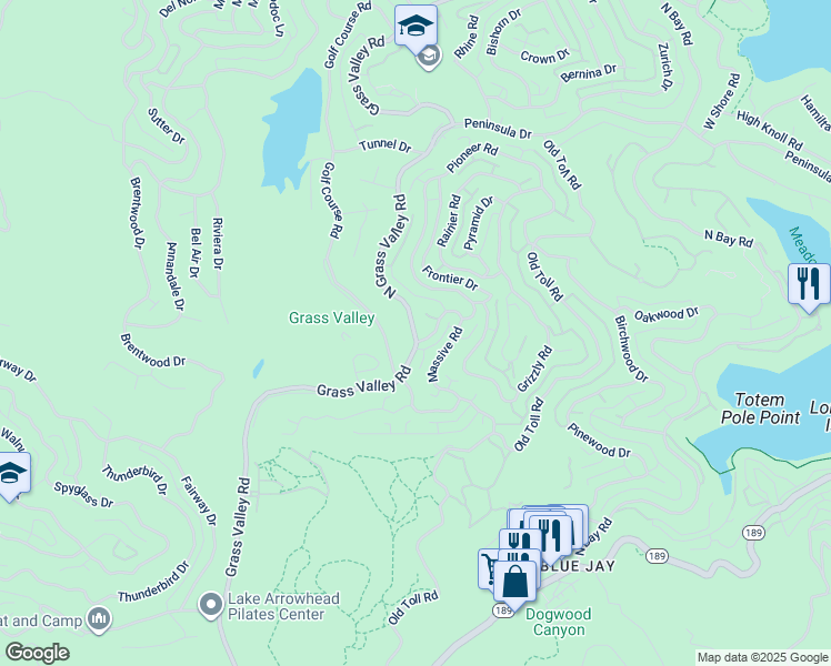 map of restaurants, bars, coffee shops, grocery stores, and more near 308 Grass Valley Road in Lake Arrowhead