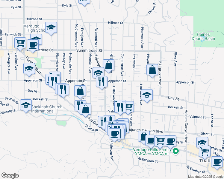 map of restaurants, bars, coffee shops, grocery stores, and more near 10249 Hillhaven Avenue in Los Angeles