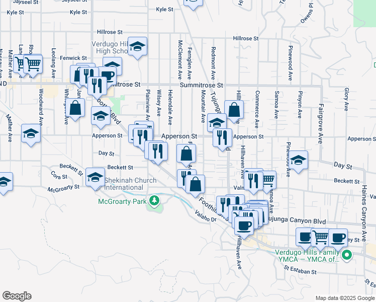 map of restaurants, bars, coffee shops, grocery stores, and more near 10242 Fernglen Avenue in Los Angeles