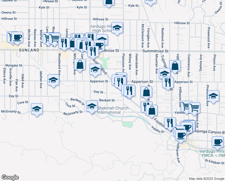 map of restaurants, bars, coffee shops, grocery stores, and more near 7633 Foothill Boulevard in Los Angeles