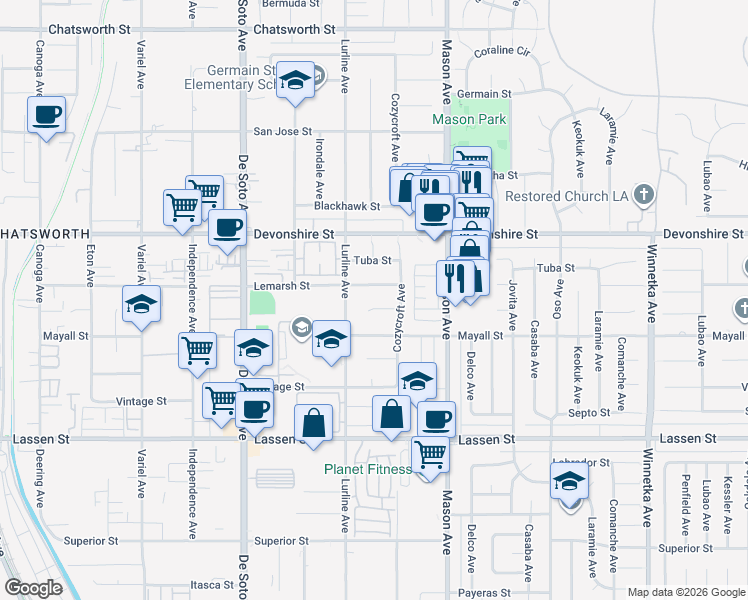map of restaurants, bars, coffee shops, grocery stores, and more near 20613 Lemarsh Street in Los Angeles