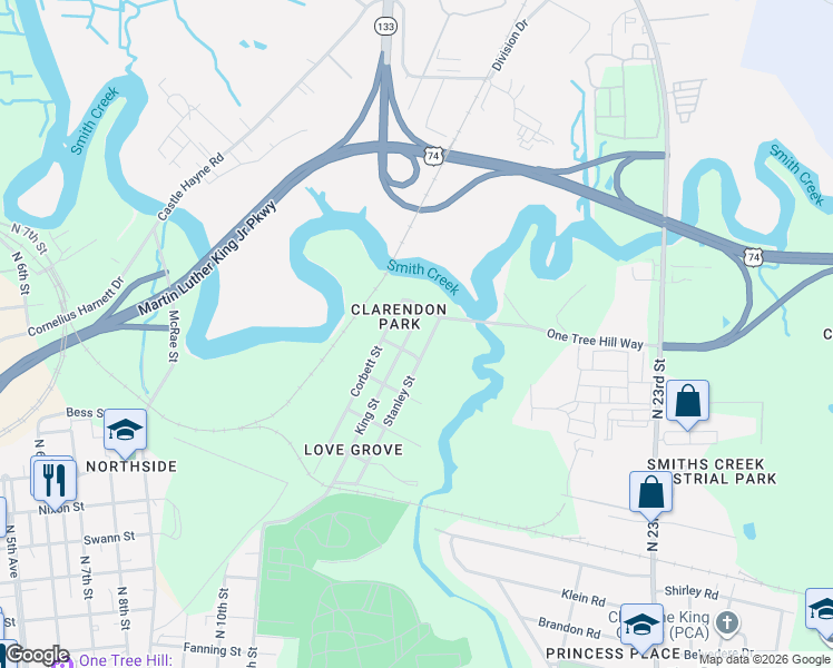 map of restaurants, bars, coffee shops, grocery stores, and more near in Wilmington