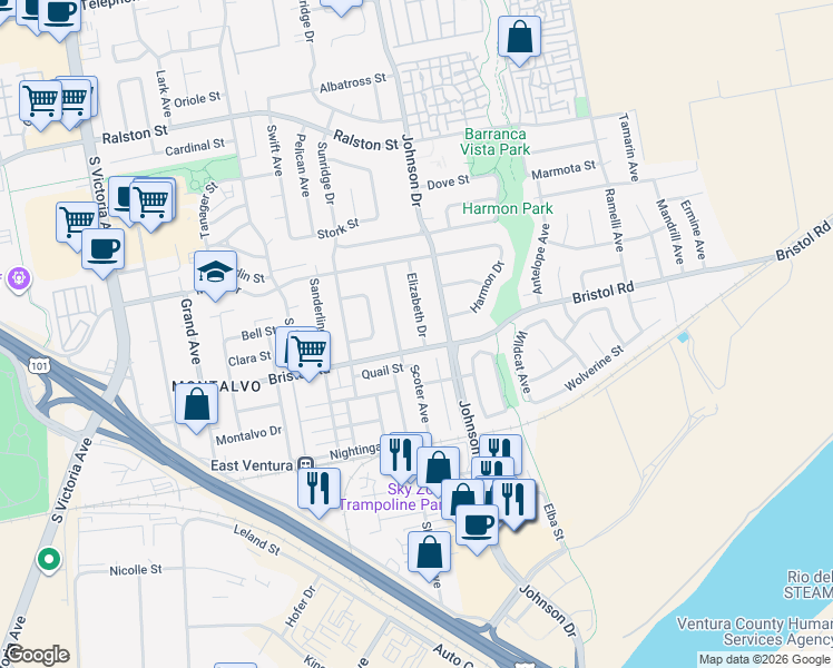 map of restaurants, bars, coffee shops, grocery stores, and more near 2277 Elizabeth Drive in Ventura