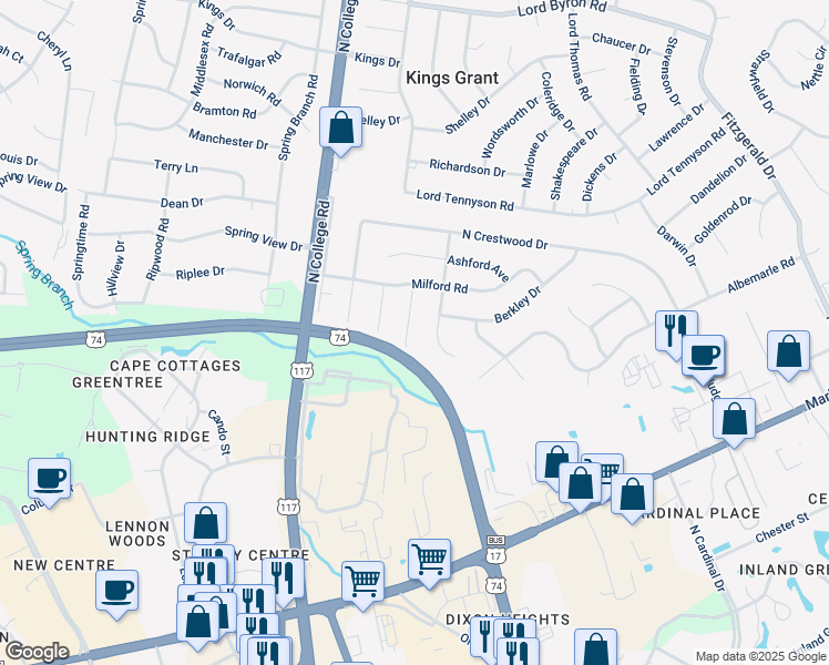 map of restaurants, bars, coffee shops, grocery stores, and more near 526 Albemarle Road in Wilmington