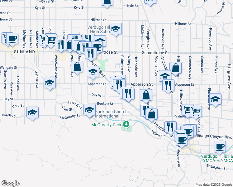 map of restaurants, bars, coffee shops, grocery stores, and more near 7633 Foothill Boulevard in Los Angeles