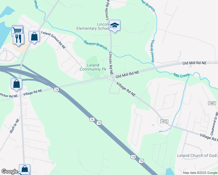 map of restaurants, bars, coffee shops, grocery stores, and more near 189 Lincoln Place Circle in Leland