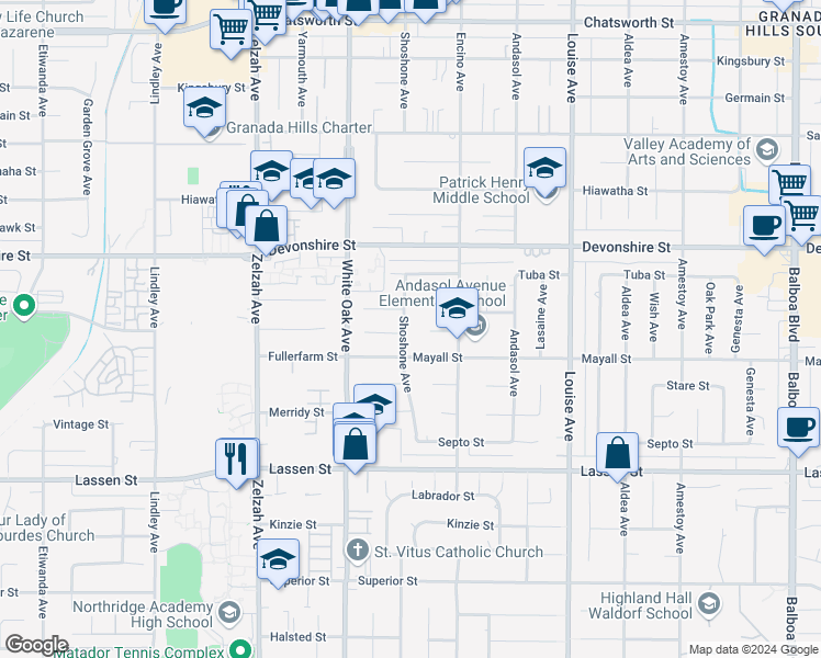 map of restaurants, bars, coffee shops, grocery stores, and more near 10120 Shoshone Avenue in Los Angeles