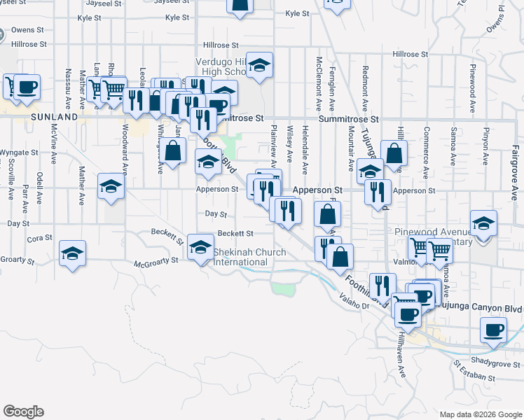 map of restaurants, bars, coffee shops, grocery stores, and more near 7616 Foothill Boulevard in Los Angeles