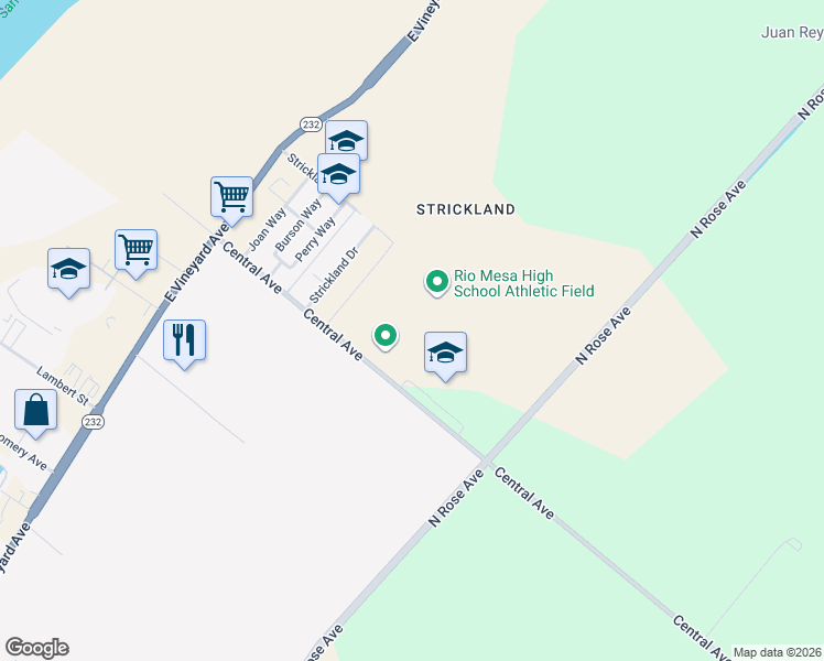 map of restaurants, bars, coffee shops, grocery stores, and more near 545 Central Avenue in Oxnard