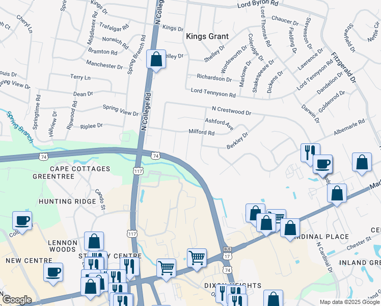 map of restaurants, bars, coffee shops, grocery stores, and more near 526 Albemarle Road in Wilmington