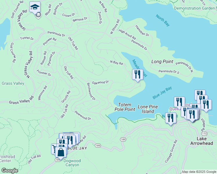map of restaurants, bars, coffee shops, grocery stores, and more near 27522 Cedarwood Drive in Lake Arrowhead
