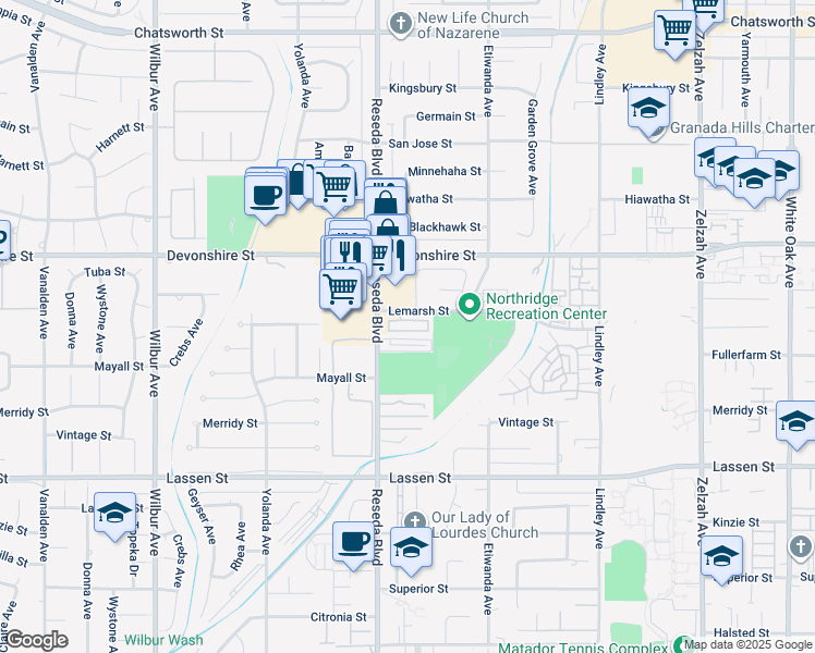 map of restaurants, bars, coffee shops, grocery stores, and more near 18452 Lemarsh Street in Los Angeles