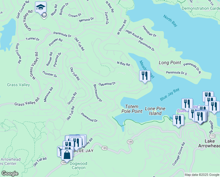map of restaurants, bars, coffee shops, grocery stores, and more near 27492 Cedarwood Drive in Lake Arrowhead