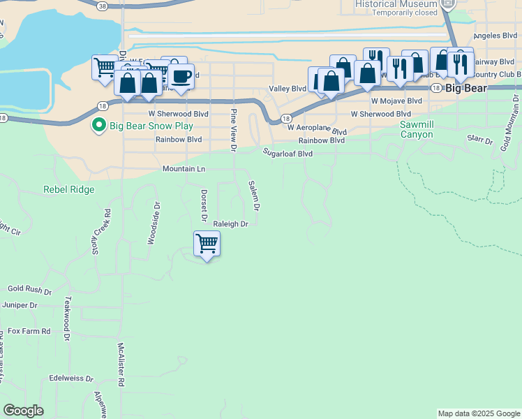 map of restaurants, bars, coffee shops, grocery stores, and more near 442 Salem Drive in Big Bear