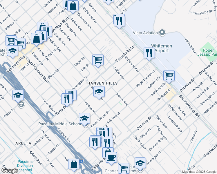 map of restaurants, bars, coffee shops, grocery stores, and more near 13157 Glamis Street in Los Angeles
