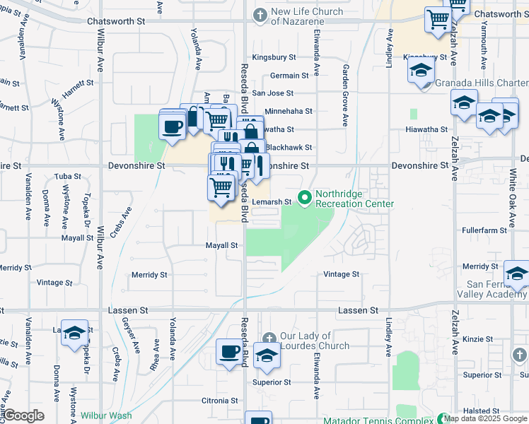 map of restaurants, bars, coffee shops, grocery stores, and more near 10170 Canby Avenue in Los Angeles