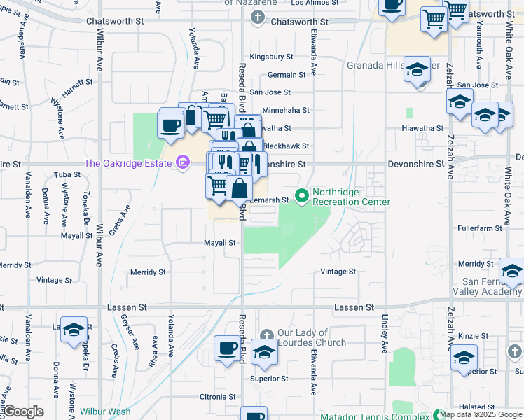 map of restaurants, bars, coffee shops, grocery stores, and more near 18452 Lemarsh Street in Los Angeles