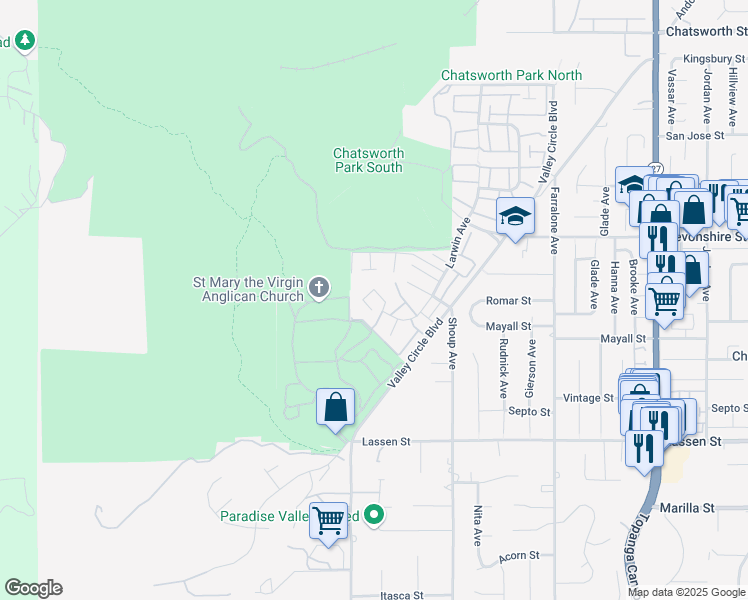 map of restaurants, bars, coffee shops, grocery stores, and more near 10031 Larwin Avenue in Los Angeles