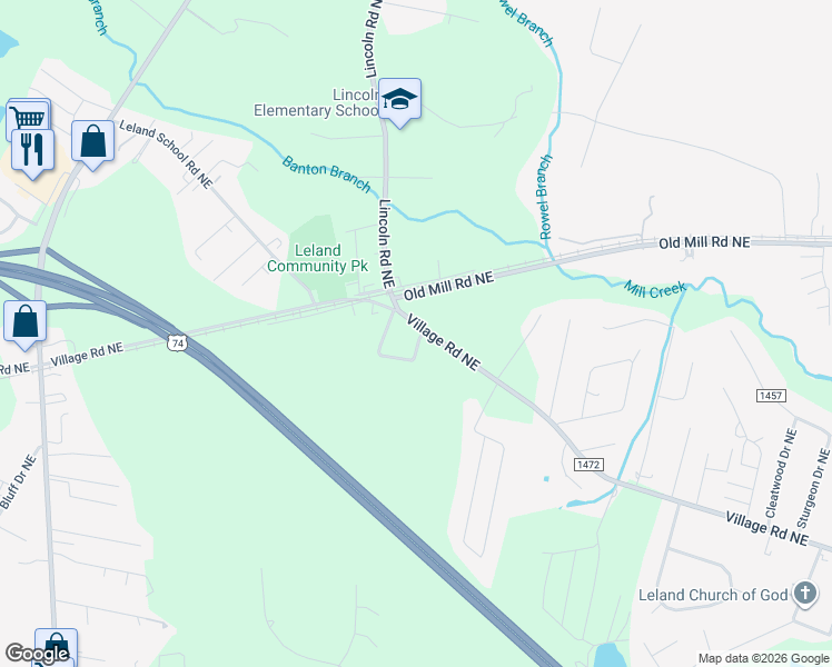 map of restaurants, bars, coffee shops, grocery stores, and more near 104 Lincoln Place Circle in Leland