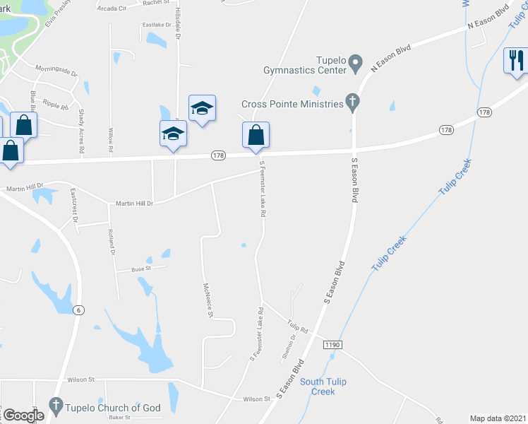 map of restaurants, bars, coffee shops, grocery stores, and more near 325 South Feemster Lake Road in Tupelo