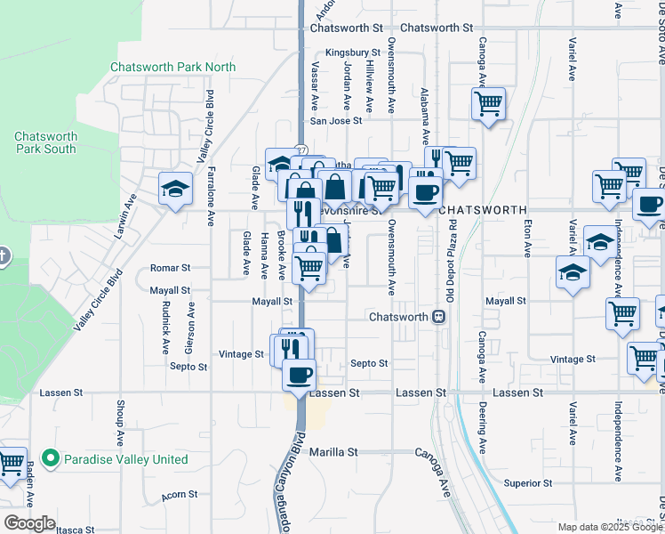 map of restaurants, bars, coffee shops, grocery stores, and more near 10204 Vassar Avenue in Los Angeles