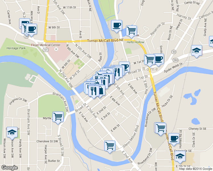 map of restaurants, bars, coffee shops, grocery stores, and more near 407 Broad Street in Rome