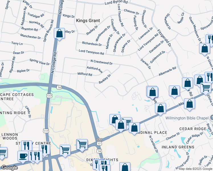 map of restaurants, bars, coffee shops, grocery stores, and more near 474 Albemarle Road in Wilmington