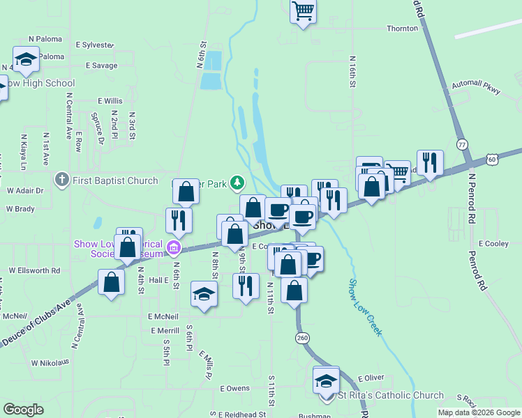 map of restaurants, bars, coffee shops, grocery stores, and more near 621 North 10th Place in Show Low