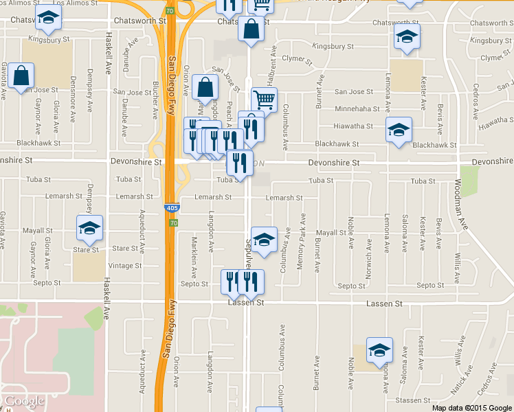 map of restaurants, bars, coffee shops, grocery stores, and more near 10200 Sepulveda Boulevard in Los Angeles