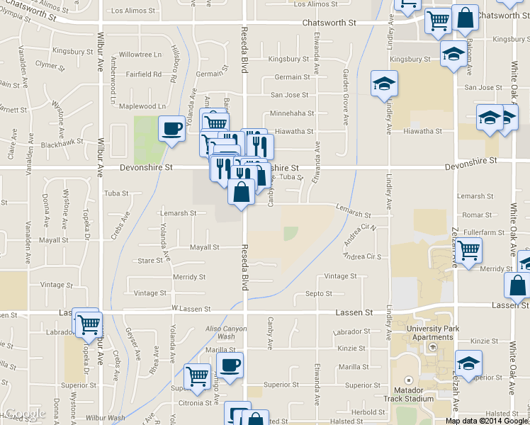 map of restaurants, bars, coffee shops, grocery stores, and more near 10170 Canby Avenue in Los Angeles