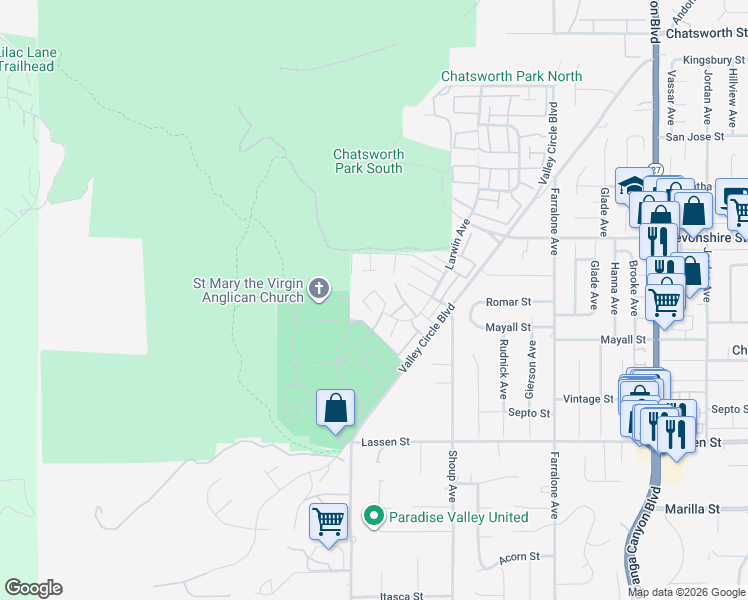 map of restaurants, bars, coffee shops, grocery stores, and more near 10031 Larwin Avenue in Los Angeles