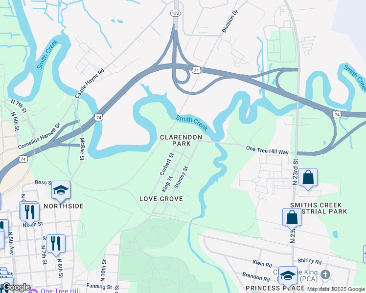 map of restaurants, bars, coffee shops, grocery stores, and more near in Wilmington