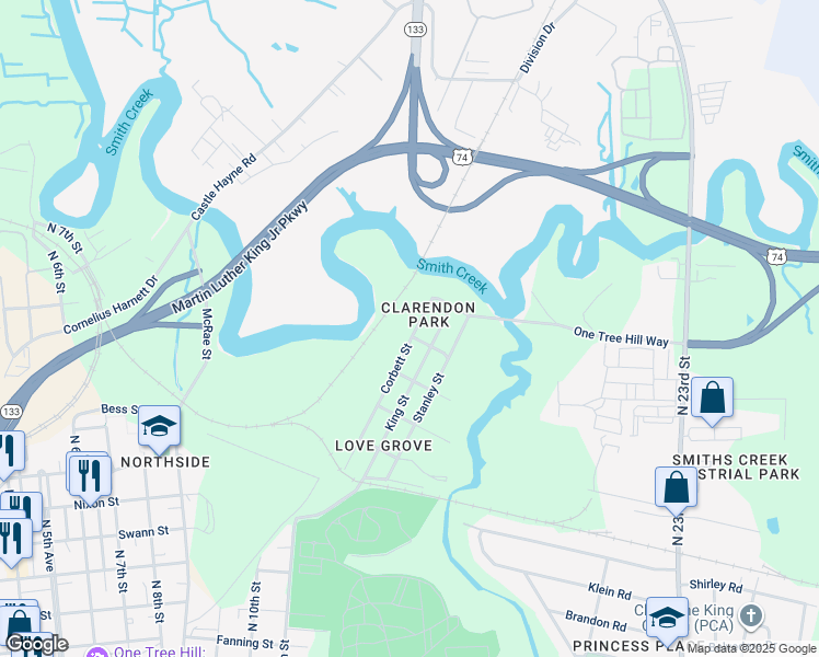 map of restaurants, bars, coffee shops, grocery stores, and more near 1541 King Street in Wilmington